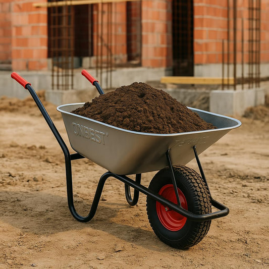 ONBEST Schubkarre Bauschubkarre, 100L vollverzinkt, silber. Zum Transport von Baustoffen.