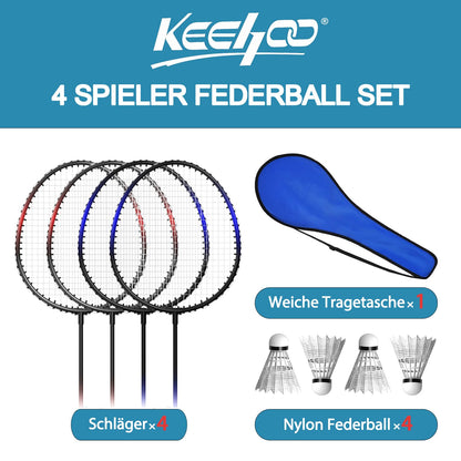 Keehoo Badminton Set mit 4 Schlägern, Federbällen und Tragetasche