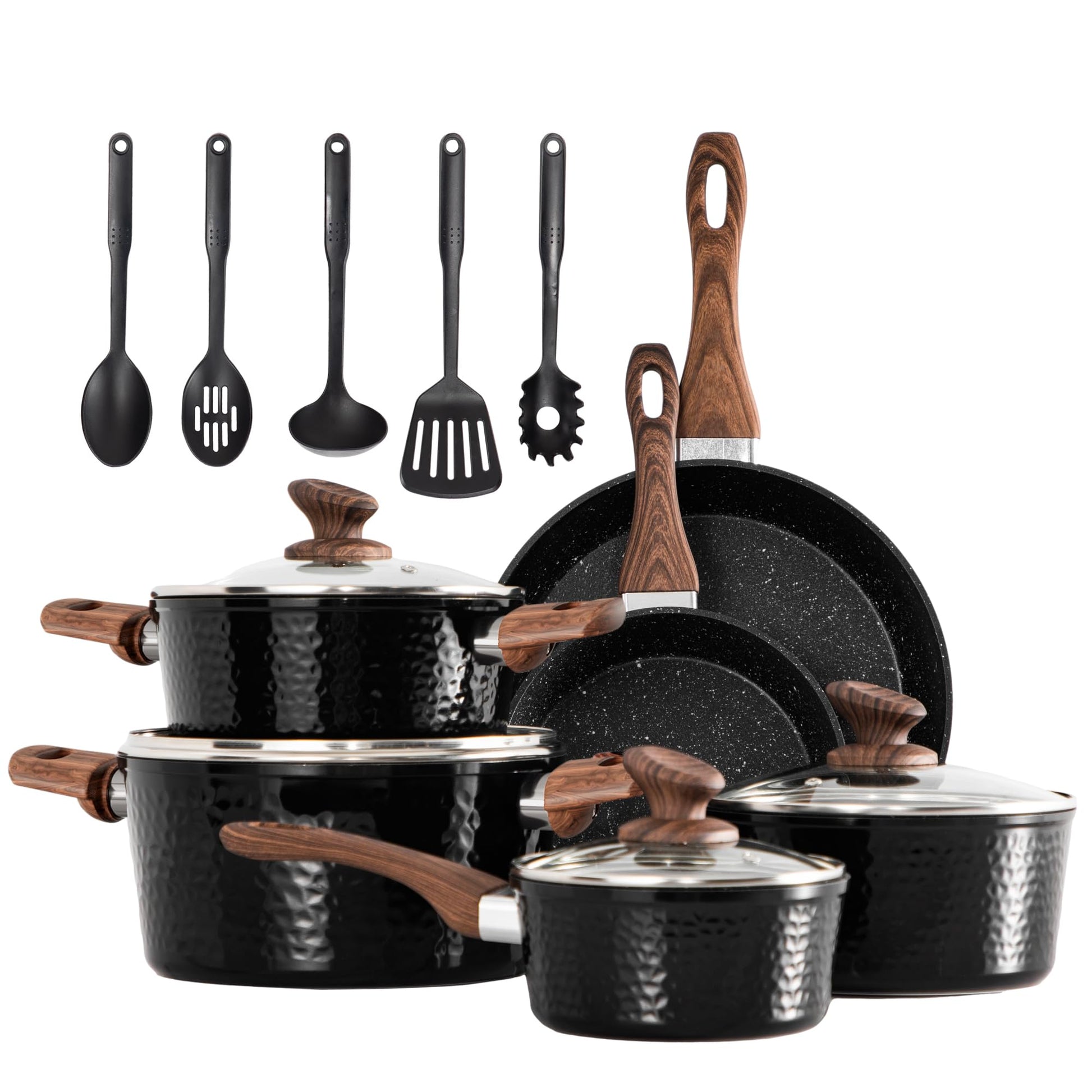 DishDelight Induktion Topfset 15-teilig Granit Antihaft Schwarz. Rundes, schwarzes Kochgeschirr mit Granit-Antihaftbeschichtung für Kochen und Braten auf Induktionsherden.