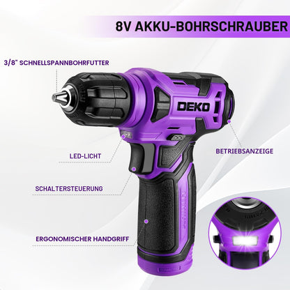 DEKO Werkzeugkoffer DKMT126, 126-teilig, 8V Akkuschrauber, violett