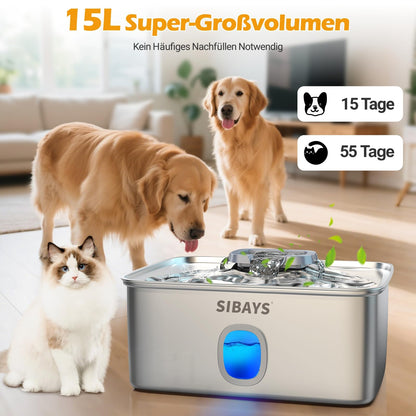 SIBAYS Trinkbrunnen 15L Edelstahl mit LED für Katzen und Hunde