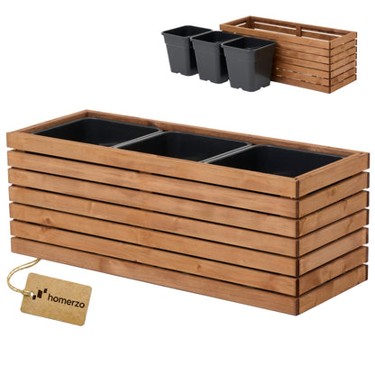 HOMERZO Pflanzkübel Holz braun mit Kunststoffeinsatz 98x36x35 cm – Pflanzkasten für Balkon, Garten und Terrasse