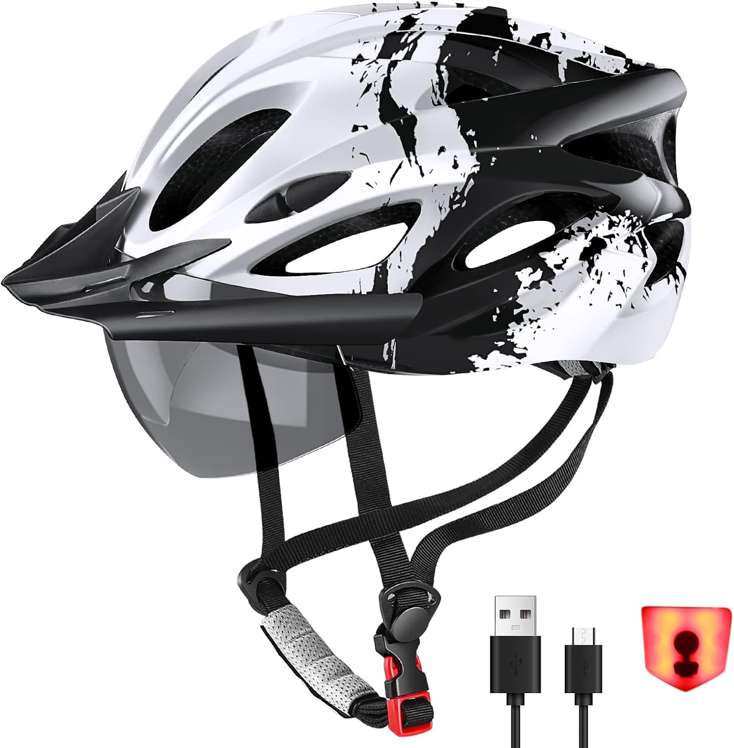RaMokey Fahrradhelm mit LED-Licht und magnetischem Visier, 57-62 cm – Helm mit Rücklicht und 18 Belüftungsöffnungen