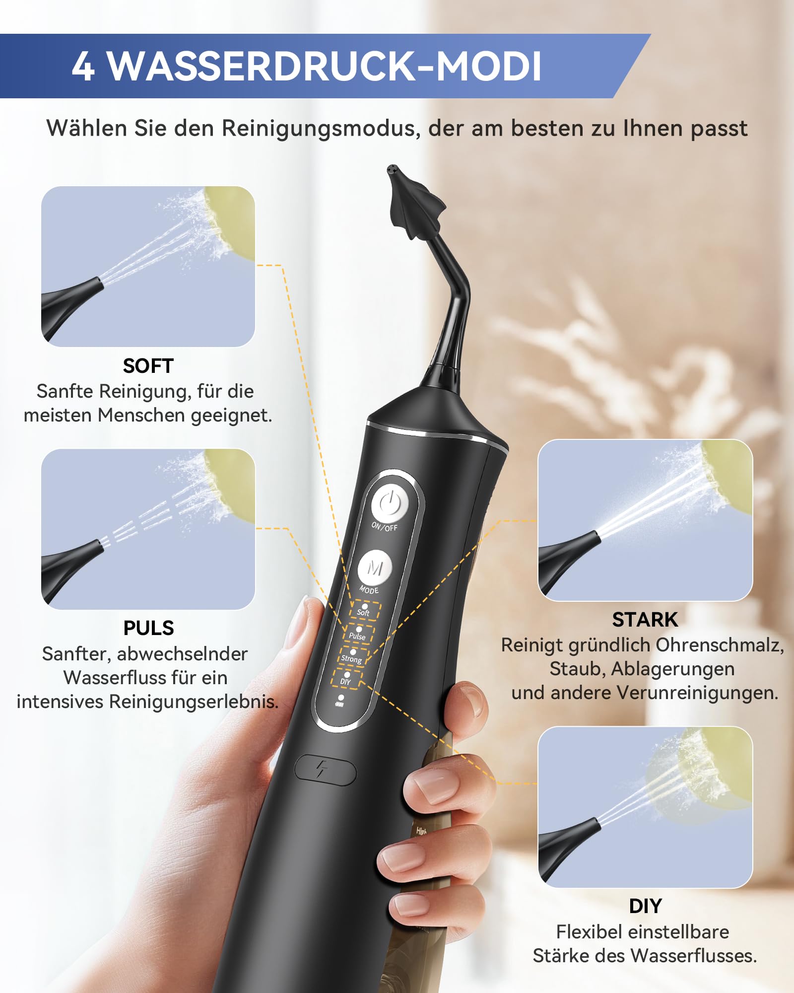 SEEDEAR Elektrischer Ohrenschmalz-Entferner IPX7, Ohrspülung Set in Dunkelschwarz