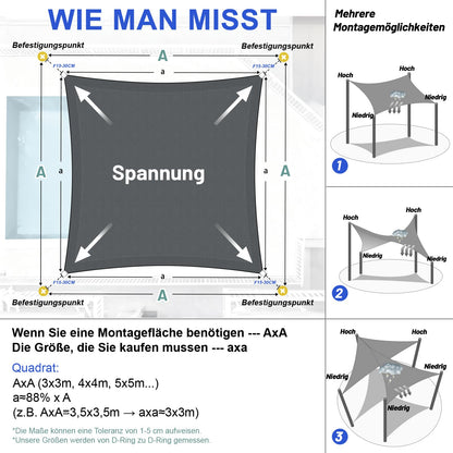 LOVE STORY Sonnensegel wasserdicht 4x4 m quadratisch Anthrazit
