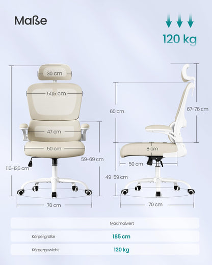 SONGMICS Bürostuhl ergonomisch, Netzstuhl mit Lendenstütze, sandbeige