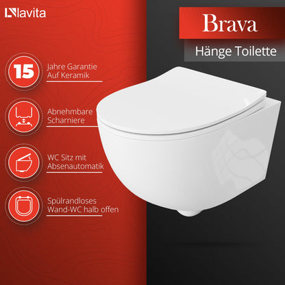 LAVITA Brava Wand-WC spülrandlos – WC-Sitz Absenkautomatik, Weiss glanz