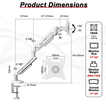 Fydeamer Gasfeder Monitorhalterung Einzel 17-35 Zoll – Weiss