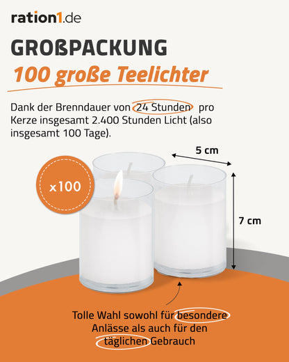 ration1 Teelichter Set 100 Stk. – 24h Brenndauer, Weiss, Duftfrei