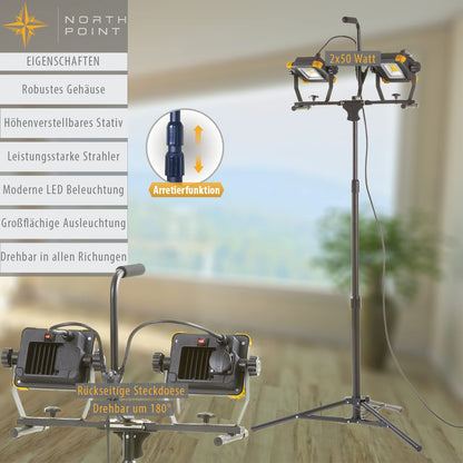 Northpoint LED Baustrahler 2x50 W Stativ – Quick-Release, Steckdose