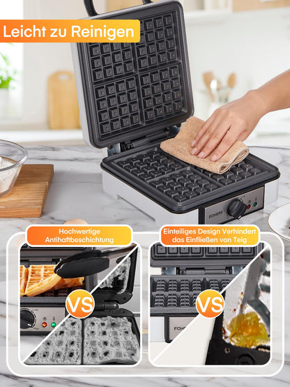 FOHERE Waffeleisen 2030, 1200 Watt, 4 Waffeln, Antihaftbeschichtung