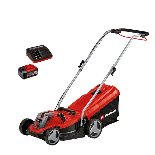 Einhell Akku-Rasenmäher GE-cm 18/33 Li PXC - 5.2 Ah Akku Set. Roter, schwarzer Rasenmäher mit Führungsholm. Mäht Rasen.