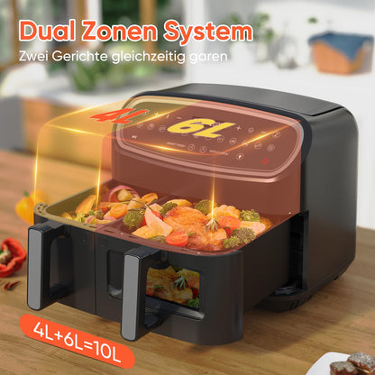 Gidgimo Heissluftfritteuse Doppelkammer 10L XXL Air Fryer
