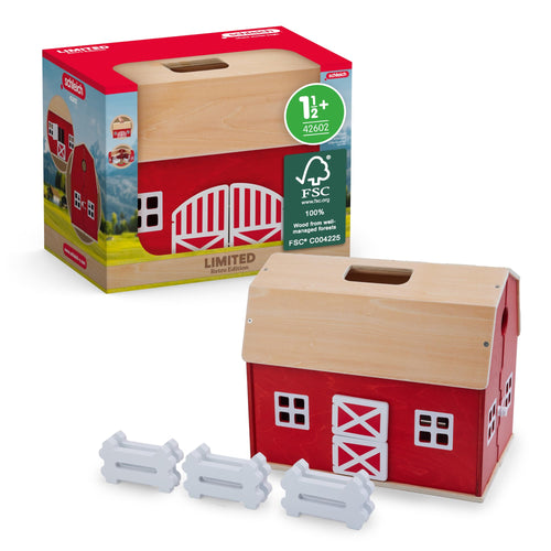 Schleich FARM WORLD Grosser Bauernhof aus Holz, Spielset 42602 – rote Holzfarm mit weissen Zäunen, aufklappbar