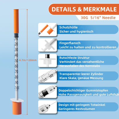 Knixxo Spritzen 1 ml mit Skala, 30G 8 mm, 100 Stück einzeln versiegelt