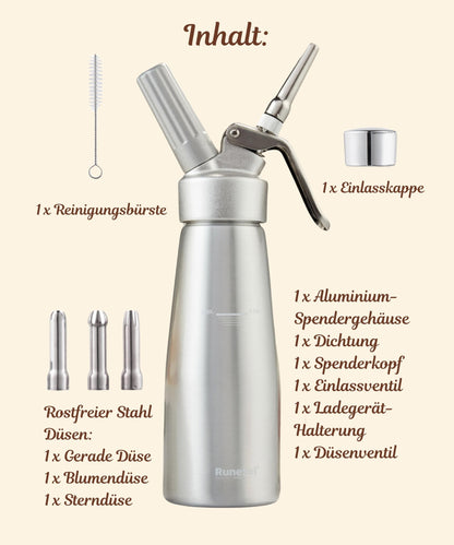 Runesol Sahnespender 500 ml aus Aluminium mit 3 Edelstahl-Düsen