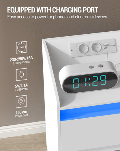 Hzuaneri NS30103X Nachttisch 2er Set – LED, Ladestation, Weiss