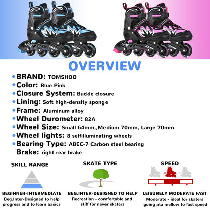TOMSHOO Inline Skates, verstellbar, LED-Rollen, Blau, Grösse M