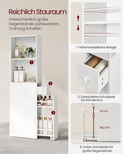 VASAGLE Badezimmerschrank schmal, Hochschrank mit Schubladen, weiss