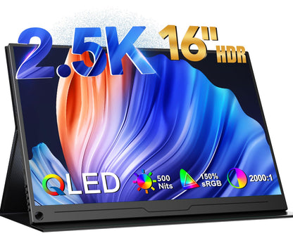 UPERFECT QLED 2.5K 16 Zoll Tragbarer Monitor – WQXGA: Rechteckiger, schlanker Bildschirm in Dunkelgrau zum Erweitern von Laptop-/Smartphone-Displays unterwegs.