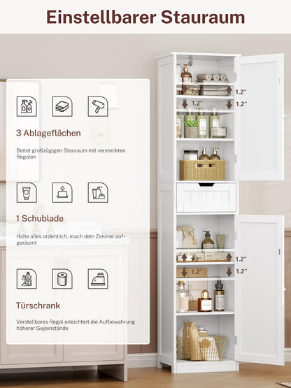 TEENFON Badezimmerschrank schmal mit 2 Türen und Schublade, weiss