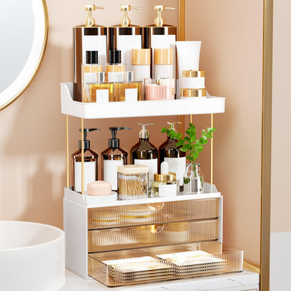 OrderlyGo Makeup Organizer Upgrade – 2 Etagen 3 Schubladen Bernstein. Mit zwei Ebenen und drei Schubladen zur übersichtlichen Kosmetikaufbewahrung.