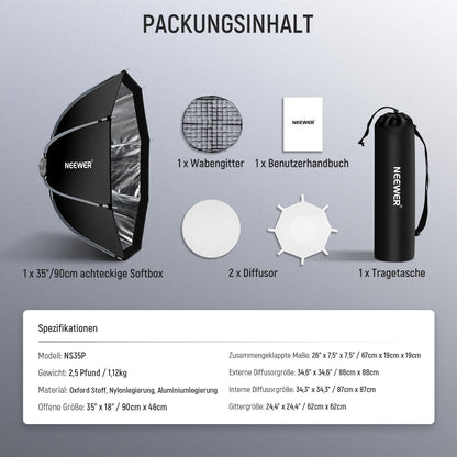 NEEWER 90cm Octagon Softbox - Bowens Mount Honeycomb Gitter