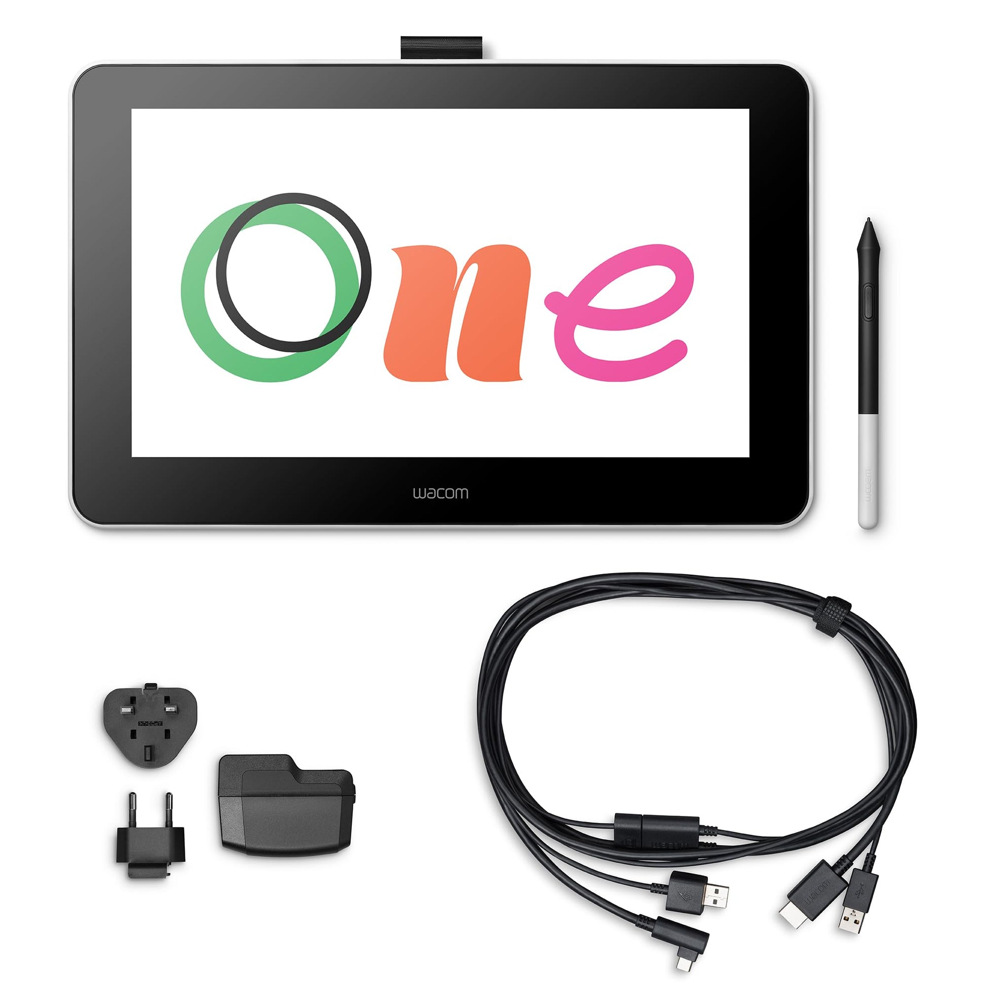 Wacom One Pen Display 13.3 Zoll Zeichentablett Schwarz. Schwarzes, rechteckiges Display für digitales Zeichnen und Gestalten.