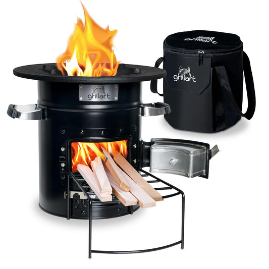grillart® Raketenofen Powertrain Outdoor Holzofen – Schwarz mit Tasche. Vertikaler Holzkocher für effizientes Outdoor-Kochen.
