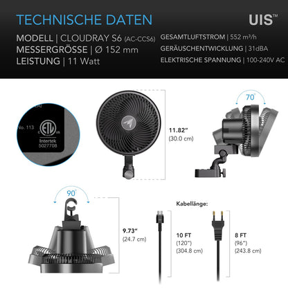 AC Infinity CLOUDRAY S6 Clip-Ventilator 150 mm für Grow-Zelte