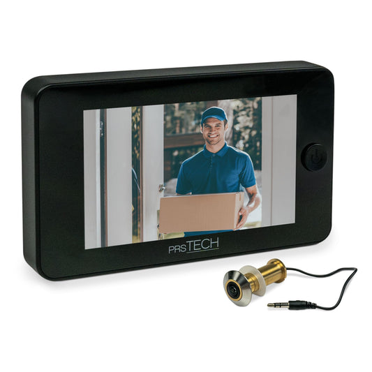 prsTECH DoorCAM DC2 PLUS Digitaler Türspion 4,3 Zoll LCD. Schwarzes Gerät mit 4,3-Zoll-LCD und Kamera zur Besucheridentifikation an der Haustür.