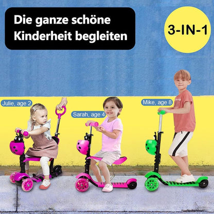 YOLEO 5-in-1 Kinderscooter mit Sitz, Schubstange und Korb rosa