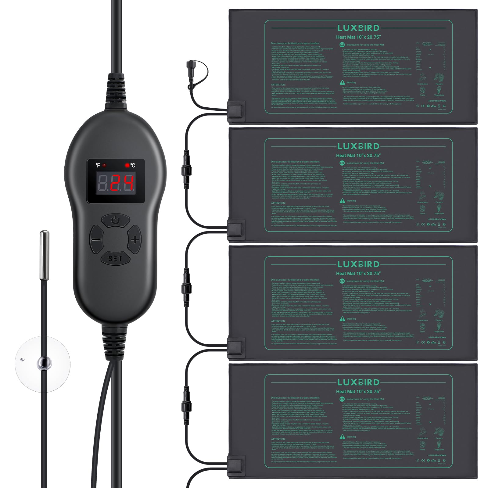 Luxbird Heizmatten Set Anzucht – 4 Matten mit Thermostat 30W: Schwarze, rechteckige Heizmatten mit Thermostat fördern Keimung und Pflanzenwachstum.