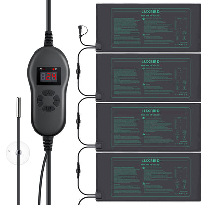 Luxbird Heizmatten Set Anzucht – 4 Matten mit Thermostat 30W: Schwarze, rechteckige Heizmatten mit Thermostat fördern Keimung und Pflanzenwachstum.
