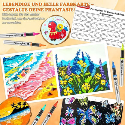 Vozuna Acrylstifte Set, 120 Farben, wasserfest, Pinselspitze