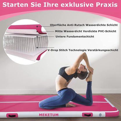MEKETUM Airtrack Turnmatte aufblasbar, 3 m, 10 cm dick, Rosa
