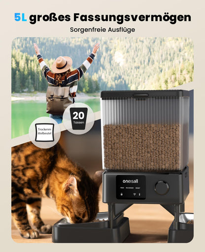 oneisall Futterautomat Katze 5L mit WiFi, 2 Näpfe und App-Steuerung