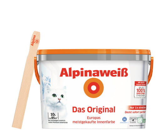 Alpinaweiss Das Original weisse Wandfarbe – 10 Liter Eimer. Weiße Dispersionsfarbe zur Deckbeschichtung von Innenwänden und Decken.