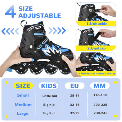 TOMSHOO Inline Skates, verstellbar, LED-Rollen, Blau, Grösse M