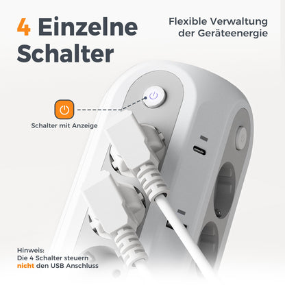 TESSAN Steckdosenturm 12-fach mit USB-C, 5 m Kabel, Weiss