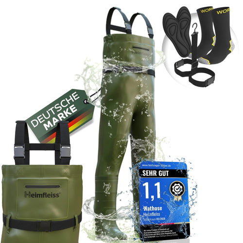 Heimfleiss Wathose wasserdicht mit Stiefel, Nylon Anglerhose Gr. 45 mit Gummi-Profilsohle und verstärkten Knien