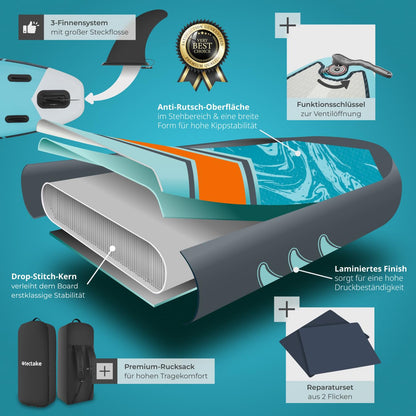 tectake® SUP Paddle Board aufblasbar Set - türkis/orange
