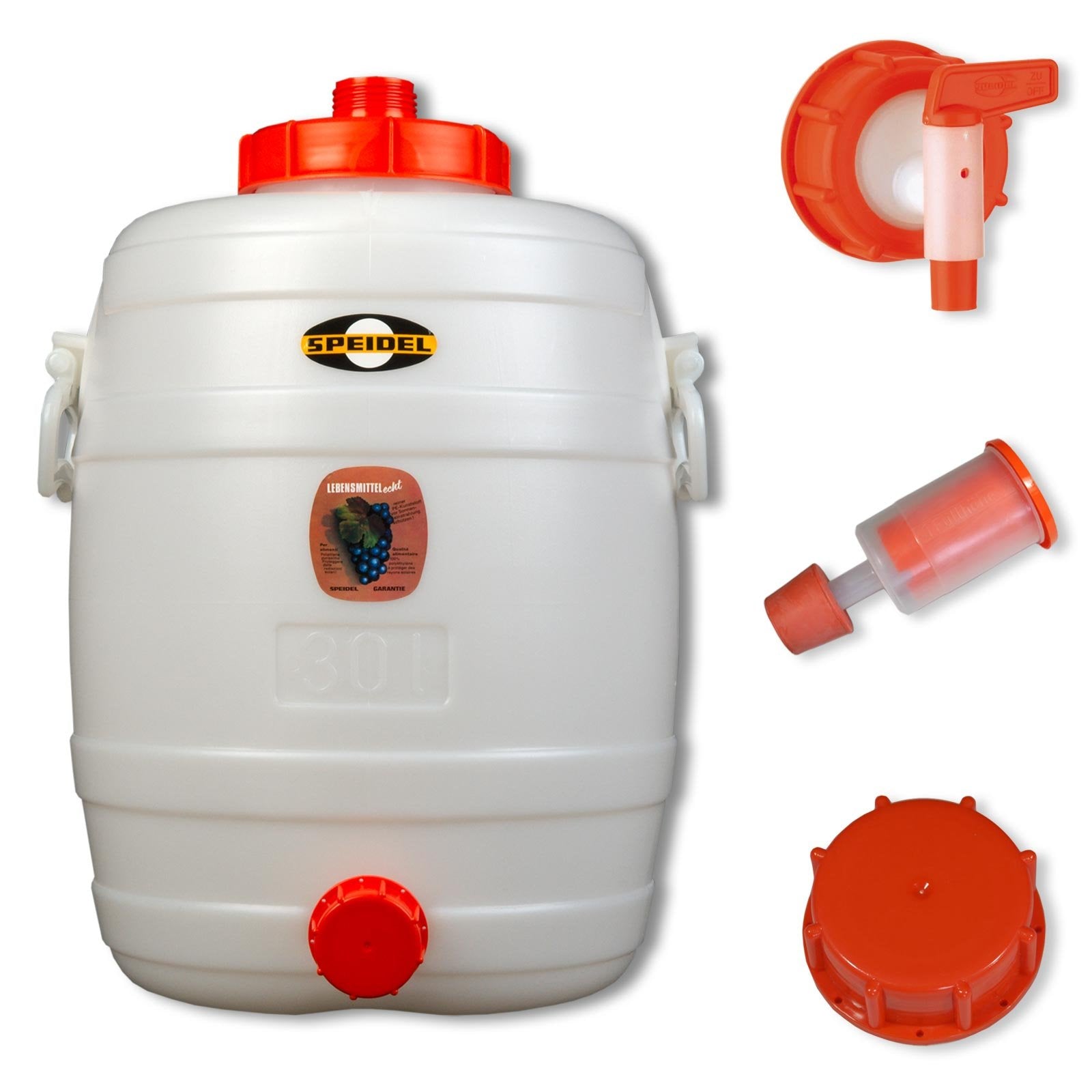 Speidel Getränkefass Rund 30 Liter - Komplett mit Zubehör. Weiß-transparentes Fass für Gärung und Lagerung von Getränken.
