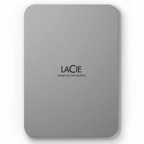 LaCie Mobile Drive Moon tragbare Festplatte 4TB silber. Flache, abgerundete Form, silberfarben. Dient mobiler Datenspeicherung und Backup.