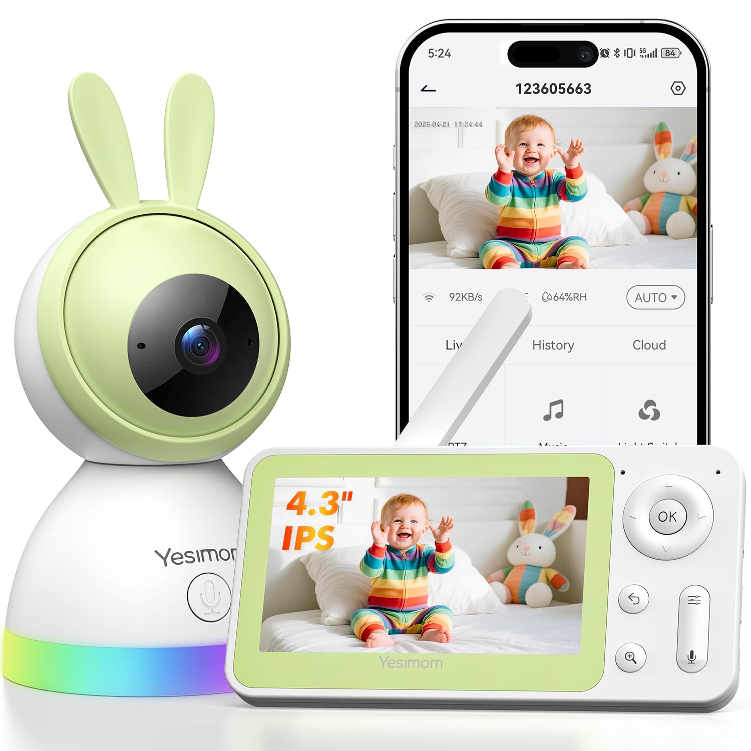 YESIMOM Babyphone mit Kamera 1080P, WLAN, Nachtsicht, 2-Wege-Audio mit 4,3-Zoll-Monitor