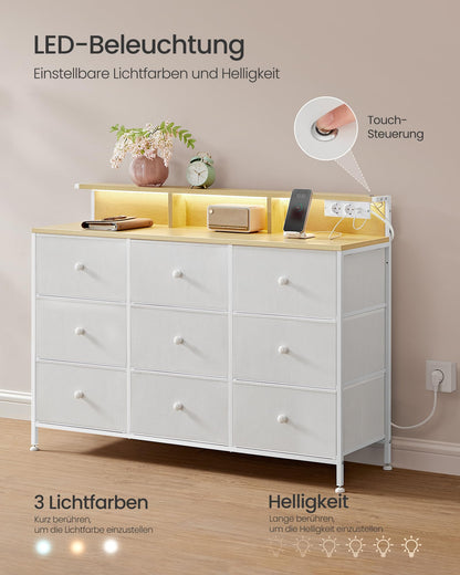 SONGMICS Kommode mit 9 Schubladen und LED-Beleuchtung, wolkenweiss