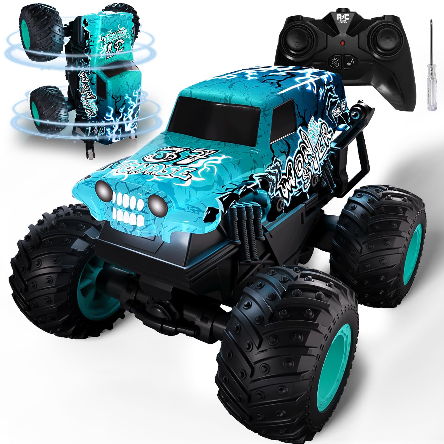 PENGBU RC Monstertruck ferngesteuert 1:20, 2,4 GHz, LED, blau mit Offroad-Reifen und blauer Beleuchtung