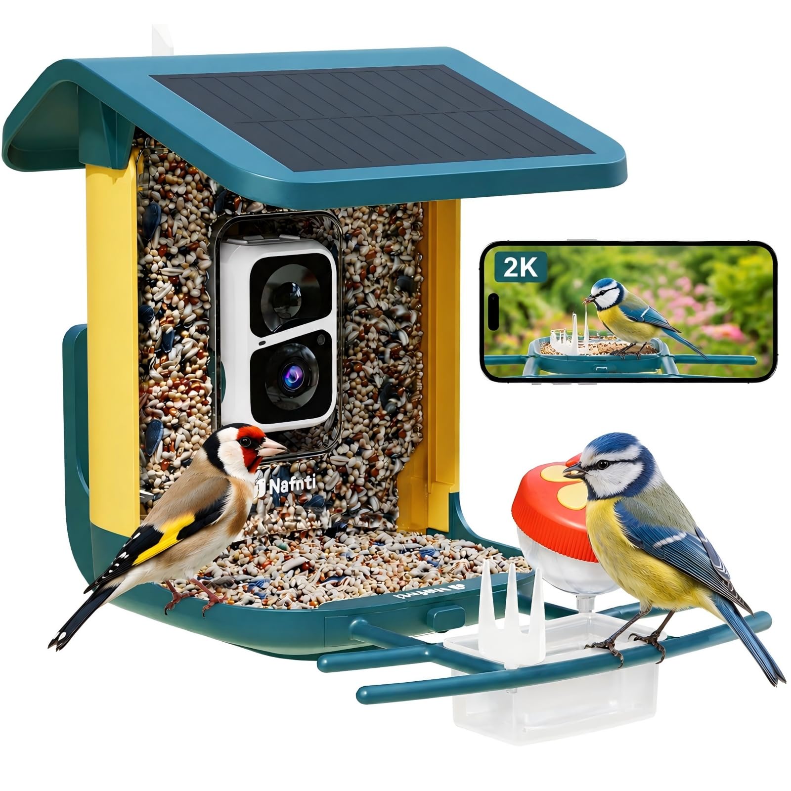 Nafnti V5 Vogelfutterhaus mit 2K-Kamera, Solar und IP65 – Vogelfutterstation mit Solarpanel und 1,8 l Futterbehälter
