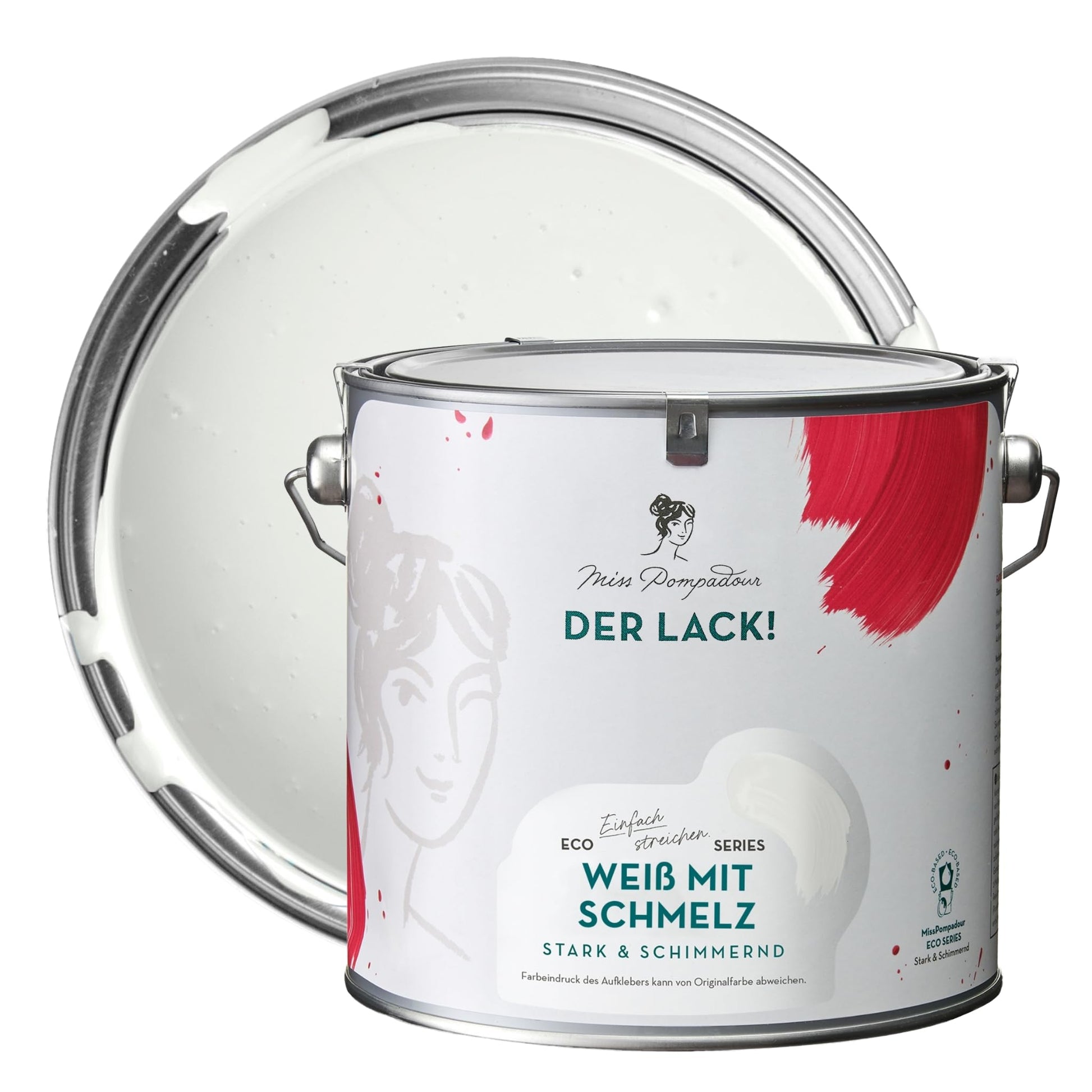 MissPompadour seidenmatte Holzfarbe innen & aussen 2.5L weiss in rundem Gebinde. Zum Streichen von Holzoberflächen.