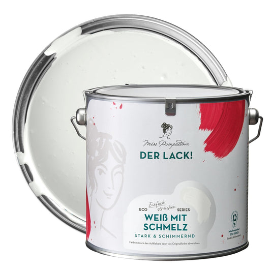 MissPompadour seidenmatte Holzfarbe innen & aussen 2.5L weiss in rundem Gebinde. Zum Streichen von Holzoberflächen.